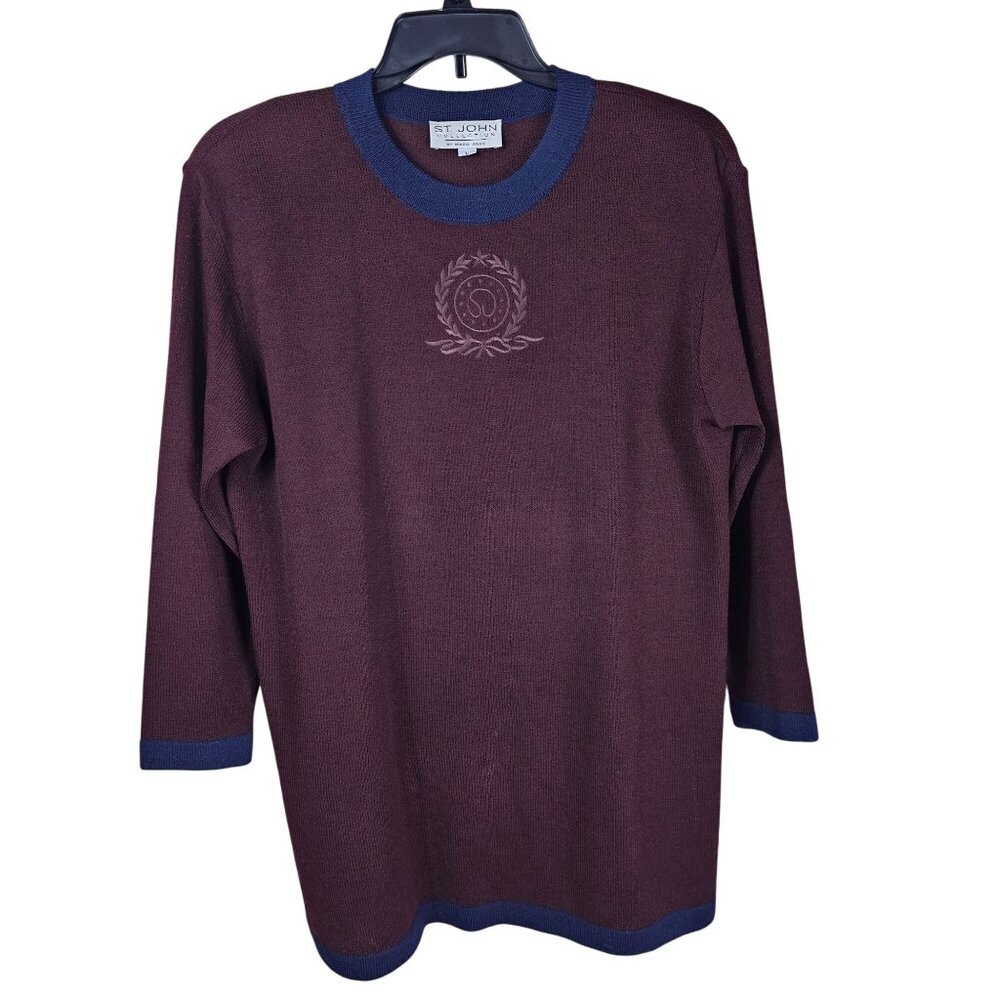 St. John Santana Knit Sweater Tunic L Burgundy Blue‎ Trim Embroidered Crest